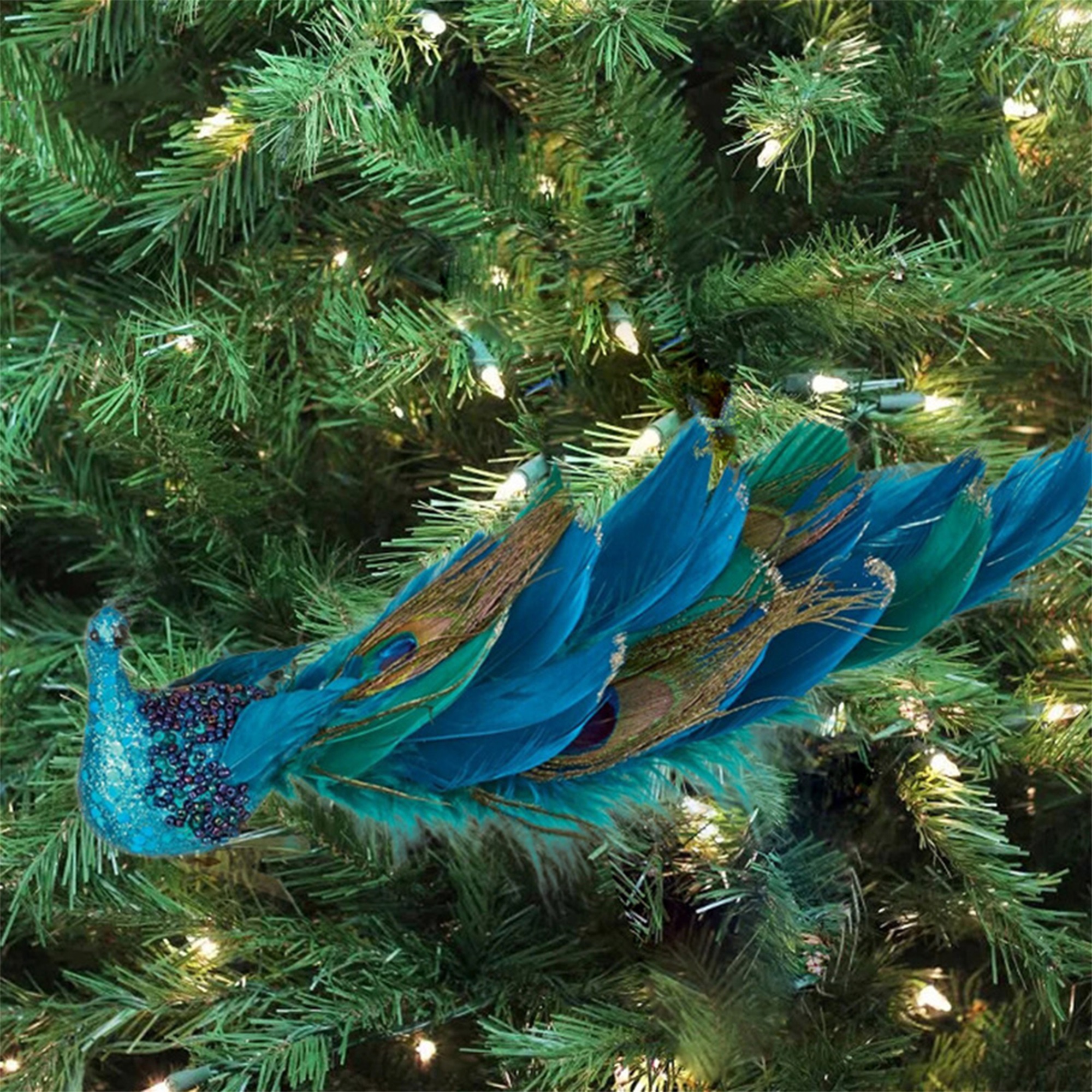 Christmas Tree Toppers Feather Peacock Decorations Simulation Three-dimensional Blue Peacock Christmas Ornaments with Clip, Adult Unisex, Size: One